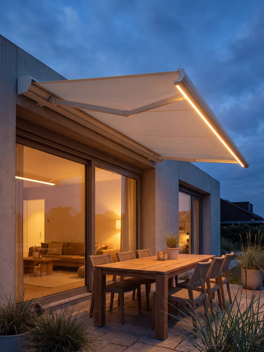 Beleuchtete Markise über einer Terrasse in der Abenddämmerung