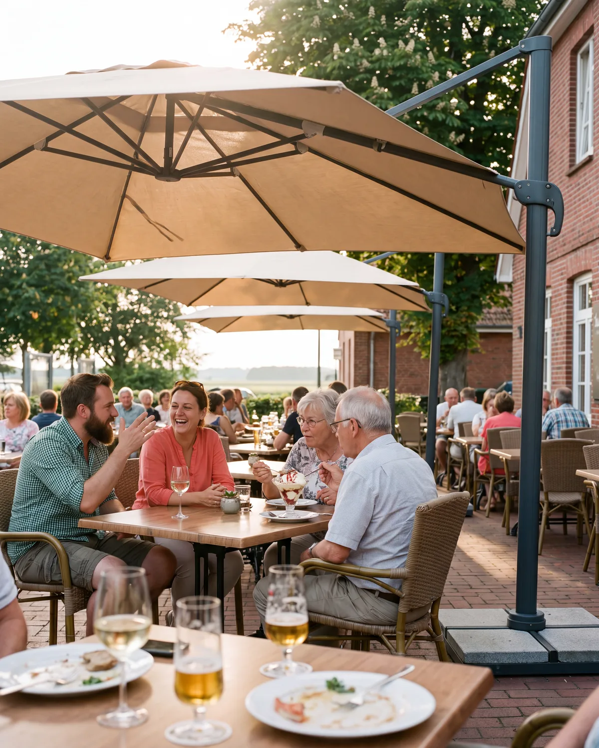 Symbolbild, mit KI erstellt: Gäste an gedeckten Tischen unter cremefarbenen Großschirmen auf einer Restaurantterrasse am Sommerabend
