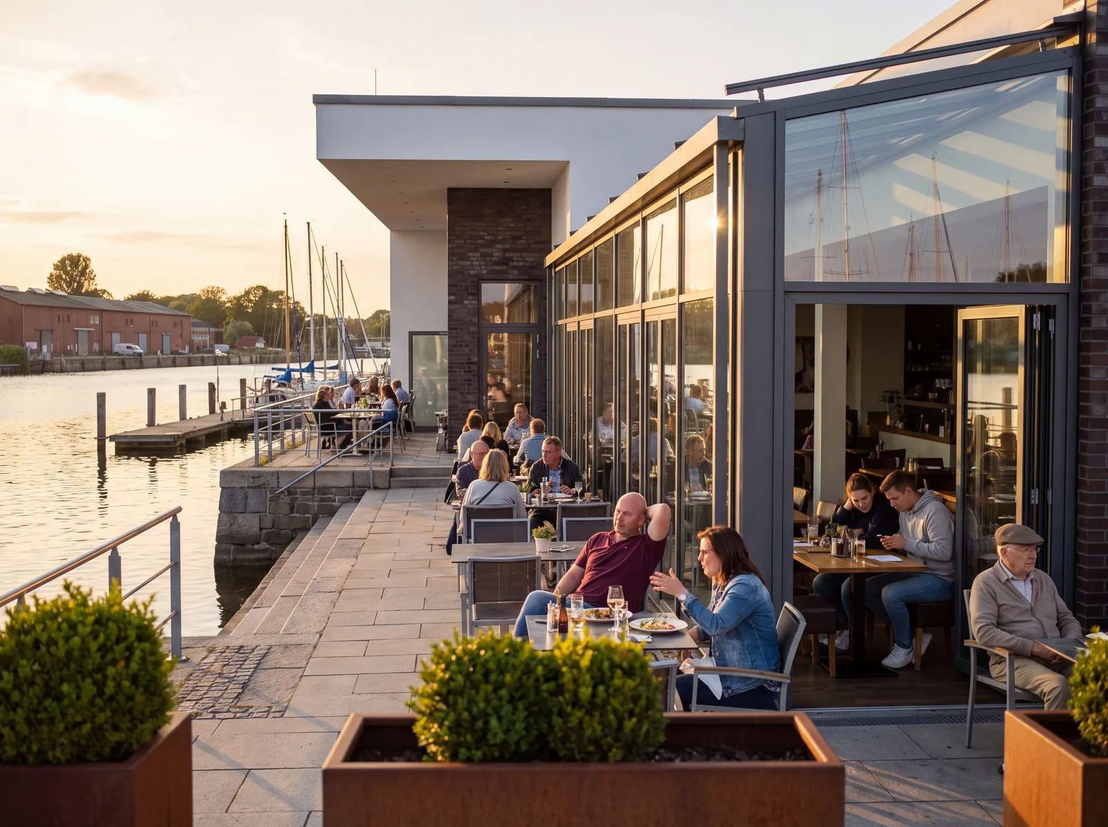 Symbolbild, mit KI erstellt: Verglaster Wintergarten an einem Restaurant am Hafen, Gäste drinnen und auf der Terrasse davor
